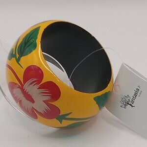 Yellow Chunky Wooden Floral Boho BANGLE India 2.5" Dia Red Flower SMALL Wrist